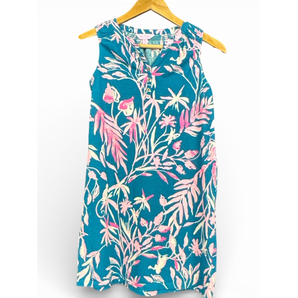Lilly Pulitzer Girls Teal‎ Pink Tropical Print Shift Dress XL 12-14